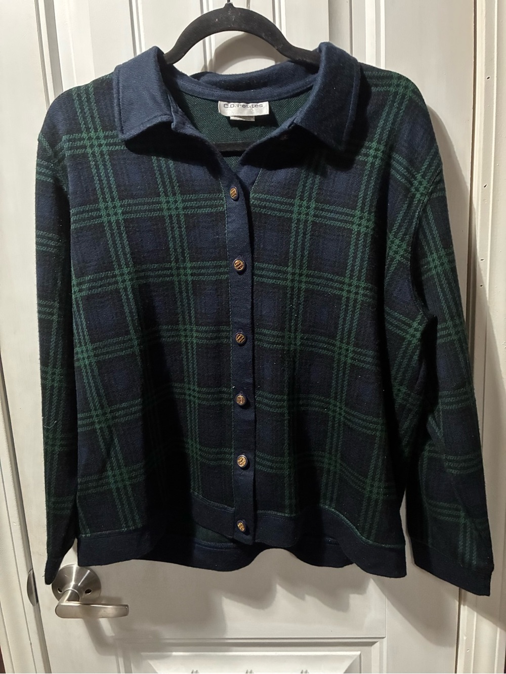 Coldwater Creek Navy and Green Plaid Button-Up Cardigan